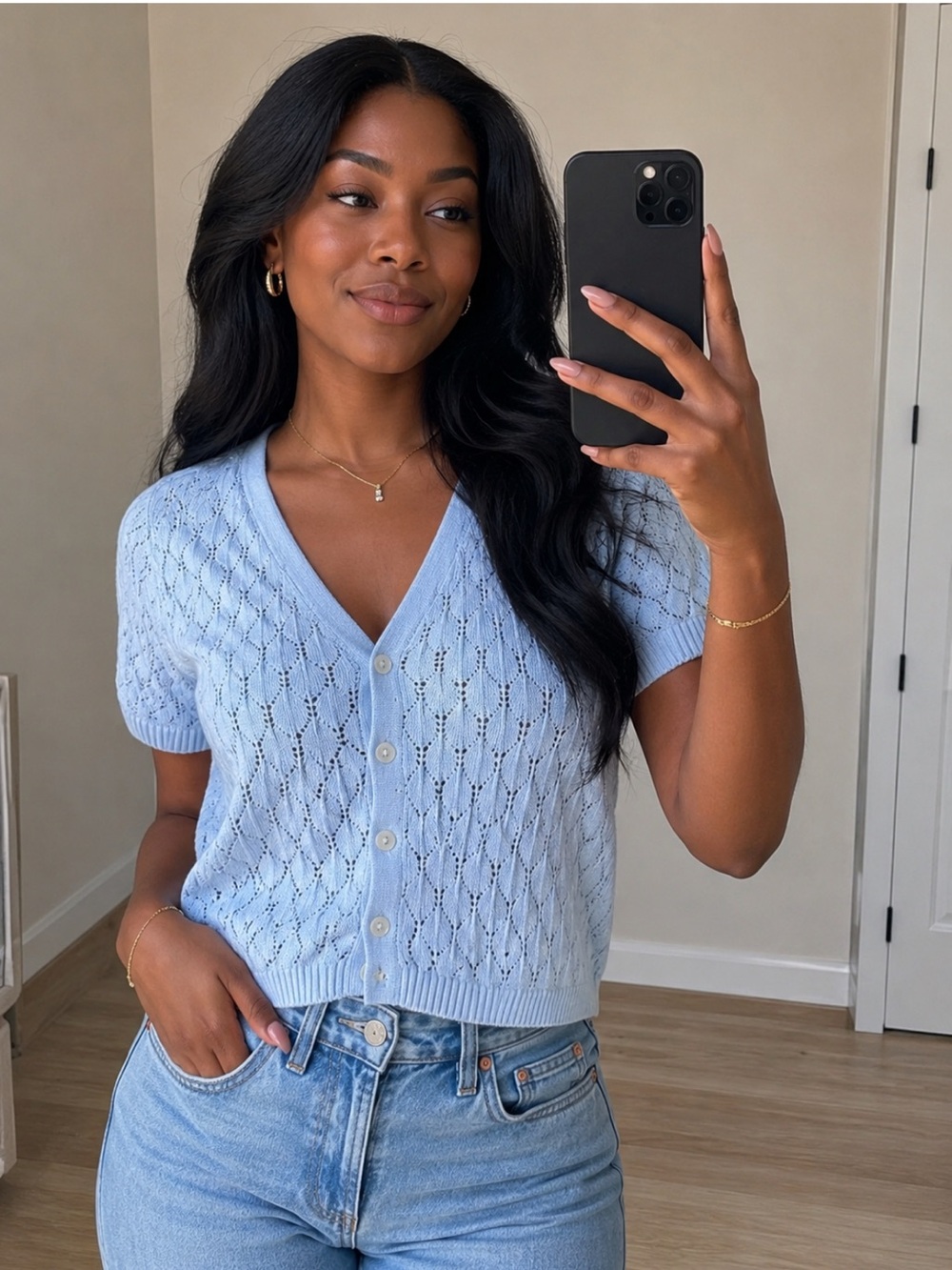 Divided Light Blue V-Neck Short Sleeve Knit Cardigan